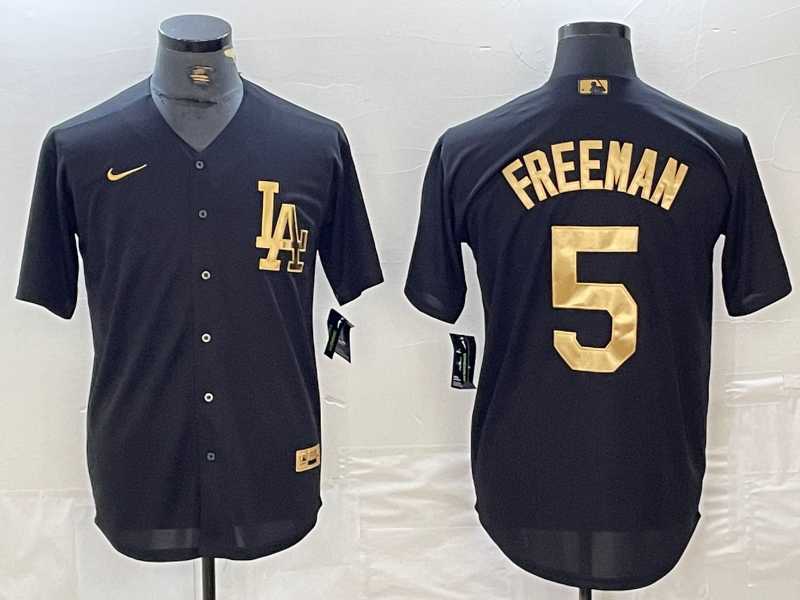 Men%27s Los Angeles Dodgers #5 Freddie Freeman Black Gold Cool Base Stitched Jersey
